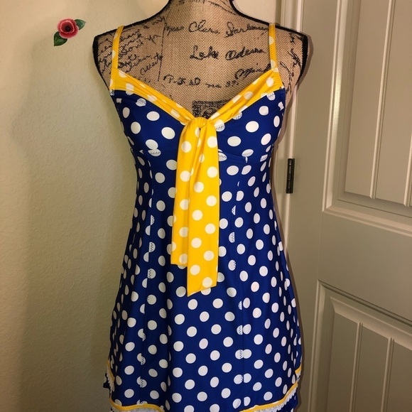 Rare Betsey Johnson Swim Dress/ Coverup in Blue White & Yellow Polka Dot Sz S - Picture 3 of 8